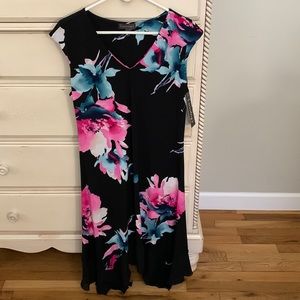 Luxology Floral Sleeveless V Neck Dress SZ 10 Asymmetrical Hem Cocktail Blk NWT